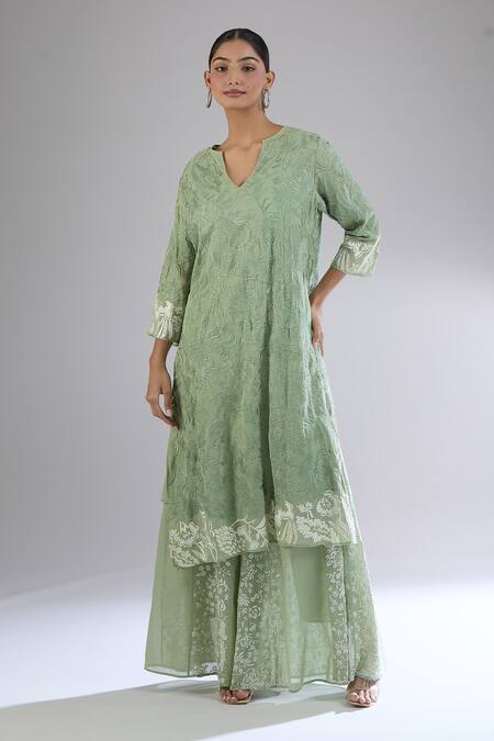 Peachoo_Green Moss Embroidery Dori Notched Floral Tunic Set_at_Aza_Fashions