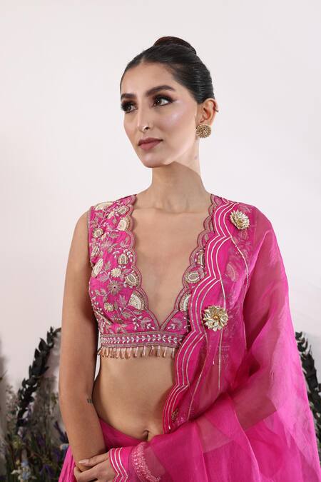 Nayna Kapoor Fuchsia Silk, Organza Gota Patti, Embroidery Plunge Neck Lehenga Set Online at Aza Fashions Nayna Kapoor_Fuchsia Silk, Organza Gota Patti, Embroidery Plunge Neck Lehenga Set_Online_at_Aza_Fashions