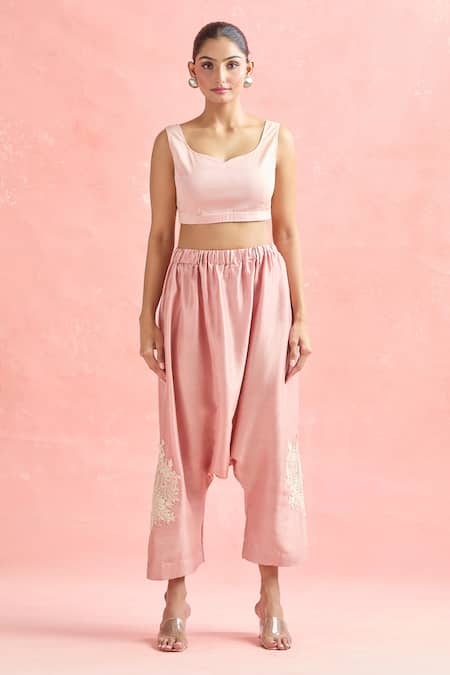 Buy Anamika Khanna Pink Silk Embroidery, Beads High Neck Floral Shirt And Cowl Pant Set Buy_Anamika Khanna_Pink Silk Embroidery, Beads High Neck Floral Shirt And Cowl Pant Set