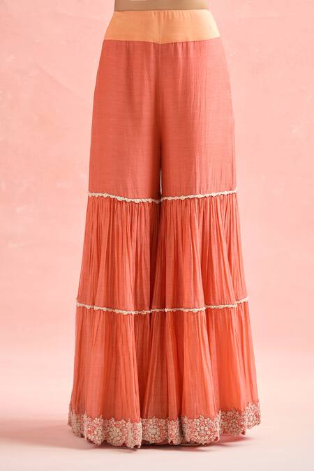 Shop Anamika Khanna Coral Chanderi Embroidery, Zari Round Neck Butti Kurta Sharara Set Shop_Anamika Khanna_Coral Chanderi Embroidery, Zari Round Neck Butti Kurta Sharara Set