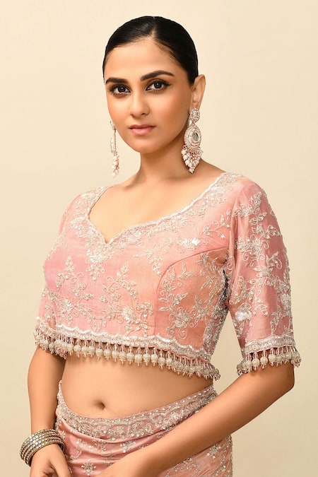 Kalighata_Pink Tissue Crystals Sweetheart Neck Fairy Cutdana Embroidered Saree With Blouse _at_Aza_Fashions