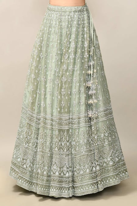 Kalighata_Green Organza Cut Work, Sequins Romania Cutdana Embroidered Bridal Lehenga Set _at_Aza_Fashions