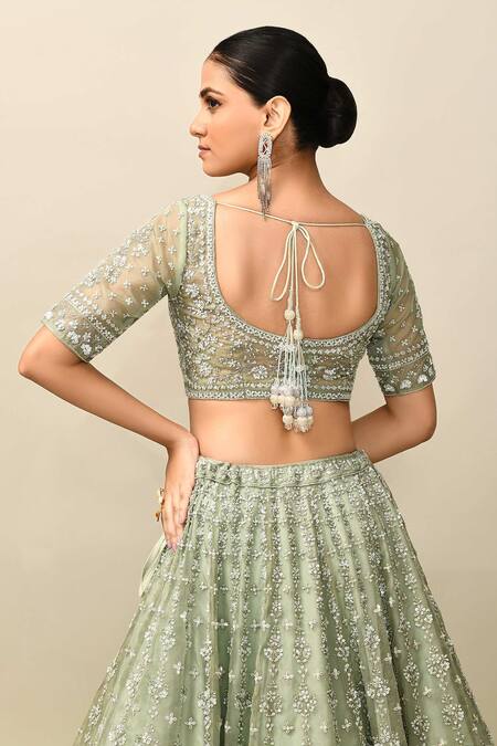 Buy_Kalighata_Green Organza Cut Work, Sequins Romania Cutdana Embroidered Bridal Lehenga Set 