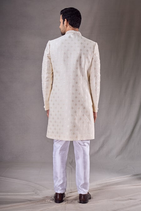Shop Arihant Rai Sinha Cream Jacquard, Silk, Cotton Beads, Embroidery Trellis Sherwani With Pyjama at Aza Fashions Shop_Arihant Rai Sinha_Cream Jacquard, Silk, Cotton Beads, Embroidery Trellis Sherwani With Pyjama _at_Aza_Fashions