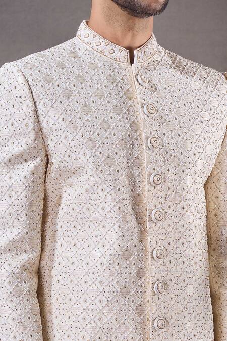 Buy Arihant Rai Sinha Cream Jacquard, Silk, Cotton Beads, Embroidery Trellis Sherwani With Pyjama Online at Aza Fashions Buy_Arihant Rai Sinha_Cream Jacquard, Silk, Cotton Beads, Embroidery Trellis Sherwani With Pyjama _Online_at_Aza_Fashions