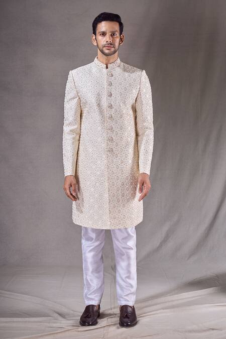 Shop Arihant Rai Sinha Cream Jacquard, Silk, Cotton Beads, Embroidery Trellis Sherwani With Pyjama Online at Aza Fashions Shop_Arihant Rai Sinha_Cream Jacquard, Silk, Cotton Beads, Embroidery Trellis Sherwani With Pyjama _Online_at_Aza_Fashions