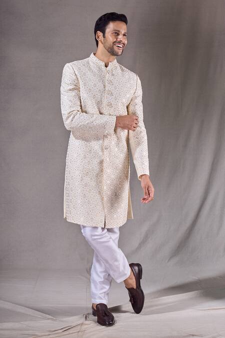 Arihant Rai Sinha Cream Jacquard, Silk, Cotton Beads, Embroidery Trellis Sherwani With Pyjama at Aza Fashions Arihant Rai Sinha_Cream Jacquard, Silk, Cotton Beads, Embroidery Trellis Sherwani With Pyjama _at_Aza_Fashions