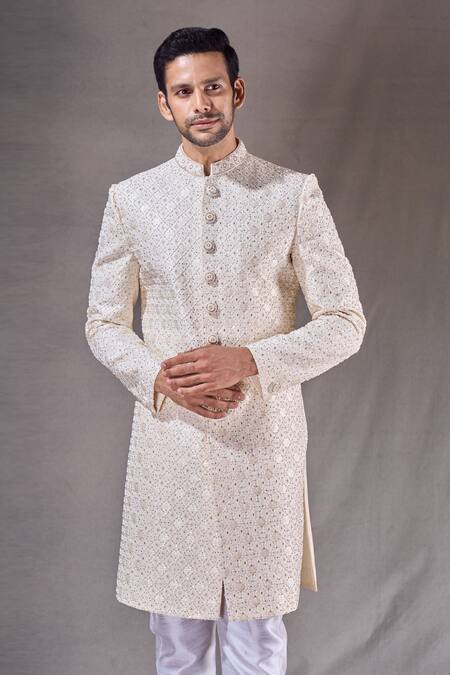 Buy Arihant Rai Sinha Cream Jacquard, Silk, Cotton Beads, Embroidery Trellis Sherwani With Pyjama Buy_Arihant Rai Sinha_Cream Jacquard, Silk, Cotton Beads, Embroidery Trellis Sherwani With Pyjama