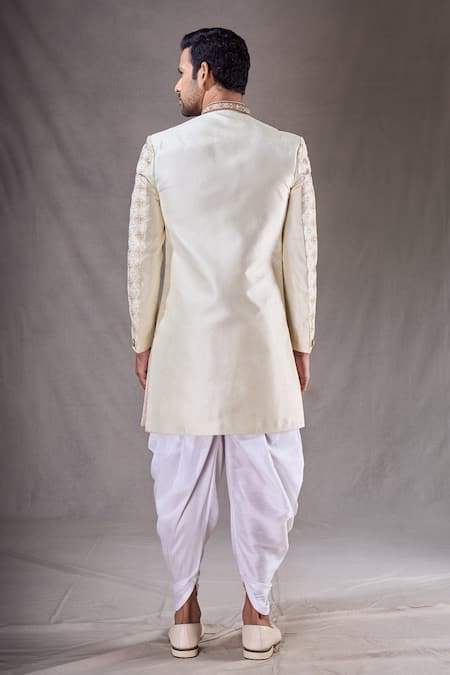 Shop Arihant Rai Sinha Cream Silk, Cotton Embroidery Diamond Butti Sherwani With Dhoti Pant at Aza Fashions Shop_Arihant Rai Sinha_Cream Silk, Cotton Embroidery Diamond Butti Sherwani With Dhoti Pant _at_Aza_Fashions