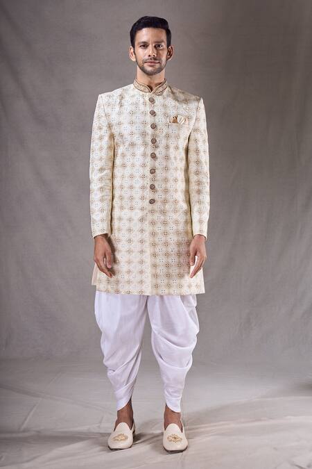 Arihant Rai Sinha Cream Silk, Cotton Embroidery Diamond Butti Sherwani With Dhoti Pant Online at Aza Fashions Arihant Rai Sinha_Cream Silk, Cotton Embroidery Diamond Butti Sherwani With Dhoti Pant _Online_at_Aza_Fashions