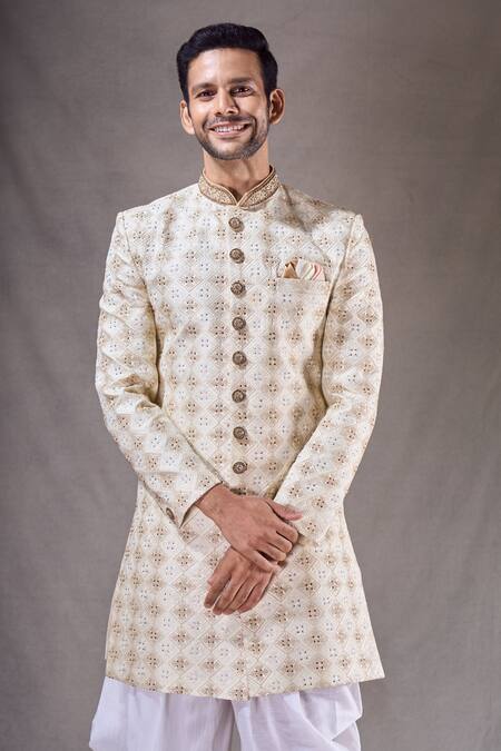 Shop Arihant Rai Sinha Cream Silk, Cotton Embroidery Diamond Butti Sherwani With Dhoti Pant Online at Aza Fashions Shop_Arihant Rai Sinha_Cream Silk, Cotton Embroidery Diamond Butti Sherwani With Dhoti Pant _Online_at_Aza_Fashions