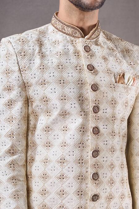 Arihant Rai Sinha Cream Silk, Cotton Embroidery Diamond Butti Sherwani With Dhoti Pant at Aza Fashions Arihant Rai Sinha_Cream Silk, Cotton Embroidery Diamond Butti Sherwani With Dhoti Pant _at_Aza_Fashions