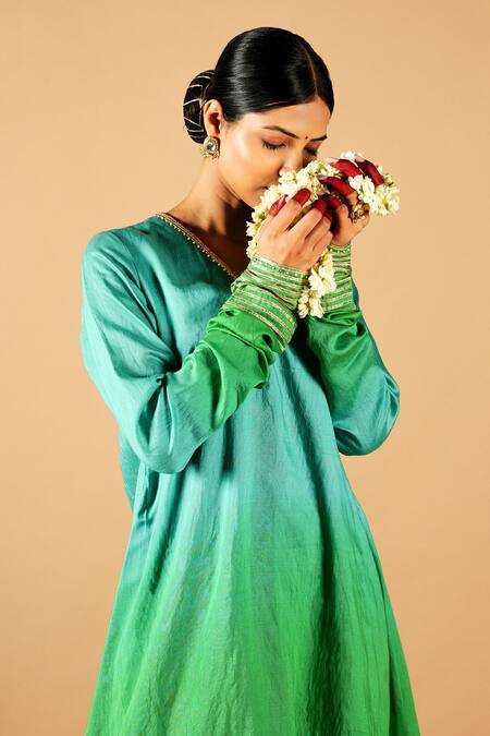 Shop_Tangerine By Asfa_Green Chanderi Silk Gota Patti V-neck Ombre A-line Kurta With Pant_Online_at_Aza_Fashions