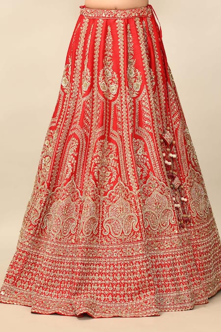 Shop_Kalighata_Red Silk Embroidery, Cut Work, Sequins Zaveri Raw Bridal Lehenga Set 
