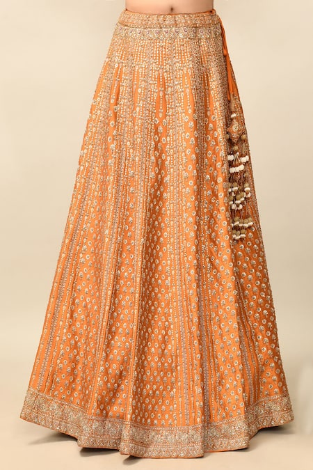 Kalighata_Orange Silk, Chiffon Cut Work, Sequins, Charvi Embroidered Bridal Lehenga Set _at_Aza_Fashions