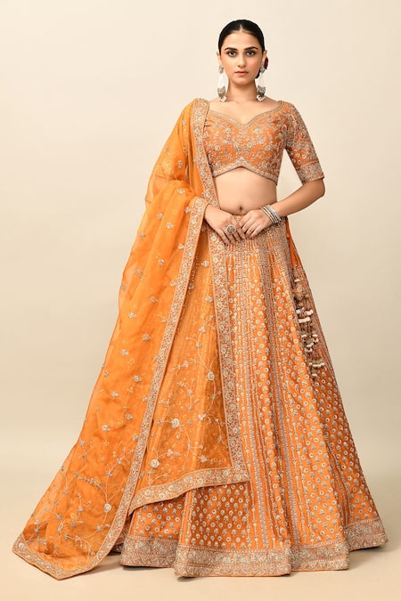 Shop_Kalighata_Orange Silk, Chiffon Cut Work, Sequins, Charvi Embroidered Bridal Lehenga Set 