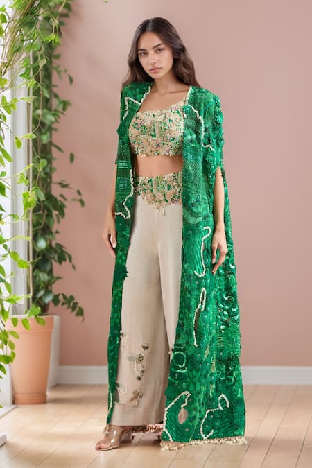 Anamika Khanna Emerald Floral Embroidered Cape & Pant Set 