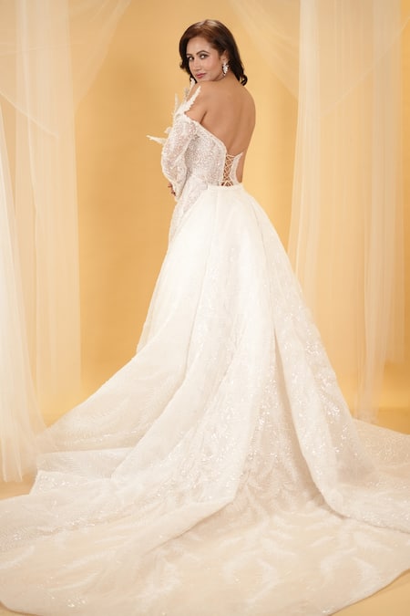 Archana Kochhar Amelia Pearl Meadow Embellished Off Shoulder Gown With Attached Trail 