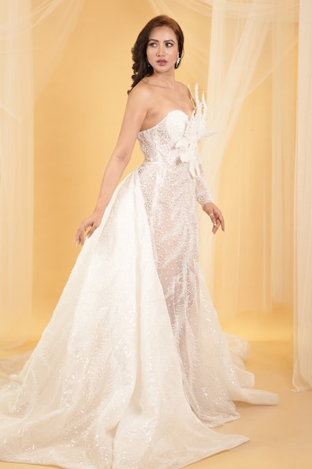 Buy_Archana Kochhar_Ivory Net Pearls, Amelia Meadow Embellished Off Gown With Attached Trail _Online_at_Aza_Fashions