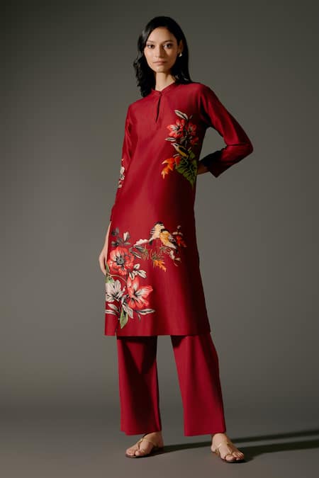 Buy_Balance By Rohit Bal_Wine Chanderi Silk Embroidery Mandarin Gardenia Print Kurta With Palazzo Pant _Online_at_Aza_Fashions