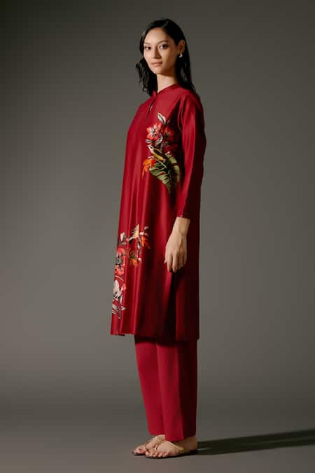 Shop_Balance By Rohit Bal_Wine Chanderi Silk Embroidery Mandarin Gardenia Print Kurta With Palazzo Pant _Online_at_Aza_Fashions