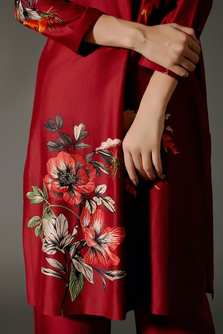 Balance By Rohit Bal_Wine Chanderi Silk Embroidery Mandarin Gardenia Print Kurta With Palazzo Pant _at_Aza_Fashions