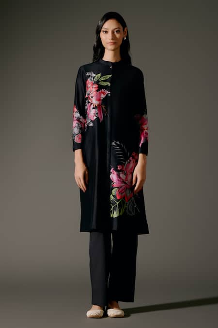 Balance By Rohit Bal_Black Chanderi Silk Embroidery Lily Garden Print Kurta With Palazzo Pant _Online_at_Aza_Fashions