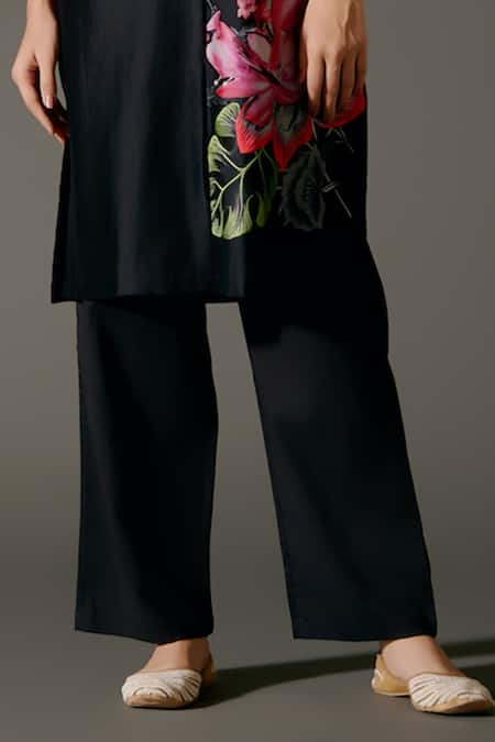 Buy_Balance By Rohit Bal_Black Chanderi Silk Embroidery Lily Garden Print Kurta With Palazzo Pant _Online_at_Aza_Fashions