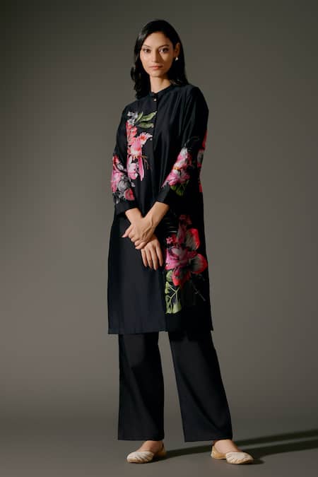 Shop_Balance By Rohit Bal_Black Chanderi Silk Embroidery Lily Garden Print Kurta With Palazzo Pant _Online_at_Aza_Fashions