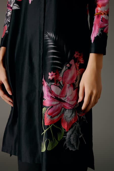 Balance By Rohit Bal_Black Chanderi Silk Embroidery Lily Garden Print Kurta With Palazzo Pant _at_Aza_Fashions