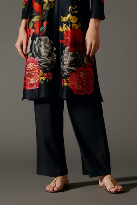 Balance By Rohit Bal_Black Chanderi Silk Embroidery Mandarin Blossom Print Kurta With Palazzo Pant _Online_at_Aza_Fashions