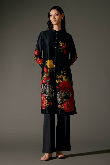 Buy_Balance By Rohit Bal_Black Chanderi Silk Embroidery Mandarin Blossom Print Kurta With Palazzo Pant _Online_at_Aza_Fashions