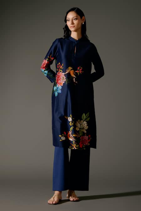 Balance By Rohit Bal_Blue Chanderi Silk Embroidery Nightingale Bloom Print Kurta With Palazzo Pant _Online_at_Aza_Fashions