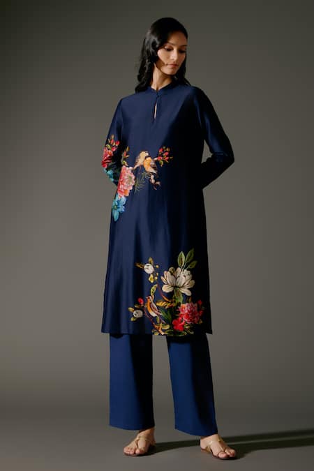 Buy_Balance By Rohit Bal_Blue Chanderi Silk Embroidery Nightingale Bloom Print Kurta With Palazzo Pant _Online_at_Aza_Fashions