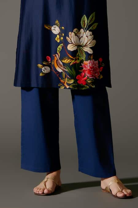 Shop_Balance By Rohit Bal_Blue Chanderi Silk Embroidery Nightingale Bloom Print Kurta With Palazzo Pant _Online_at_Aza_Fashions