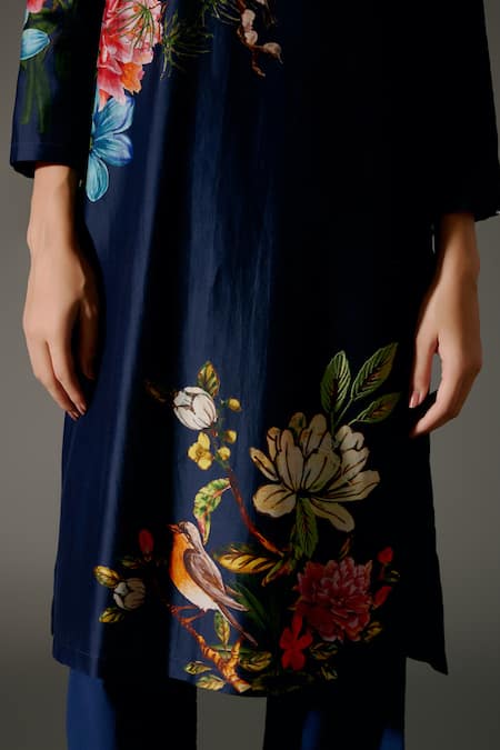Balance By Rohit Bal_Blue Chanderi Silk Embroidery Nightingale Bloom Print Kurta With Palazzo Pant _at_Aza_Fashions