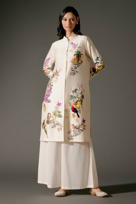 Shop Balance By Rohit Bal Ivory Chanderi Silk Mandarin Collar Bird Garden Print Kurta With Palazzo at Aza Fashions Shop_Balance By Rohit Bal_Ivory Chanderi Silk Mandarin Collar Bird Garden Print Kurta With Palazzo _at_Aza_Fashions