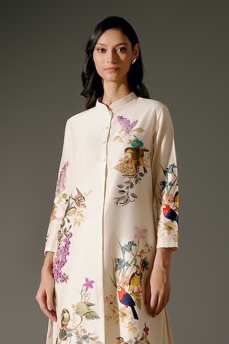 Balance By Rohit Bal Ivory Chanderi Silk Mandarin Collar Bird Garden Print Kurta With Palazzo Online at Aza Fashions Balance By Rohit Bal_Ivory Chanderi Silk Mandarin Collar Bird Garden Print Kurta With Palazzo _Online_at_Aza_Fashions