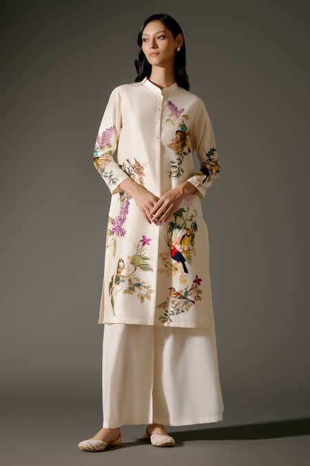 Buy Balance By Rohit Bal Ivory Chanderi Silk Mandarin Collar Bird Garden Print Kurta With Palazzo Online at Aza Fashions Buy_Balance By Rohit Bal_Ivory Chanderi Silk Mandarin Collar Bird Garden Print Kurta With Palazzo _Online_at_Aza_Fashions