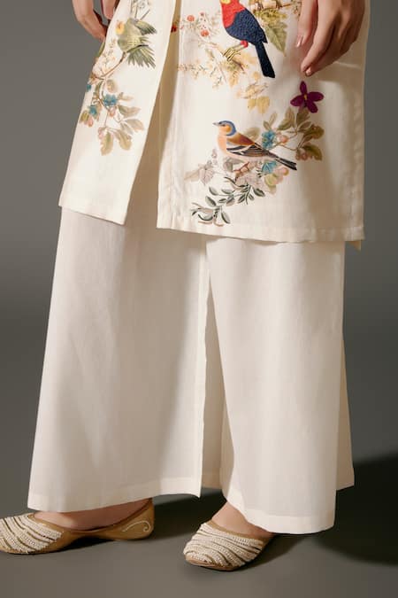 Shop Balance By Rohit Bal Ivory Chanderi Silk Mandarin Collar Bird Garden Print Kurta With Palazzo Online at Aza Fashions Shop_Balance By Rohit Bal_Ivory Chanderi Silk Mandarin Collar Bird Garden Print Kurta With Palazzo _Online_at_Aza_Fashions