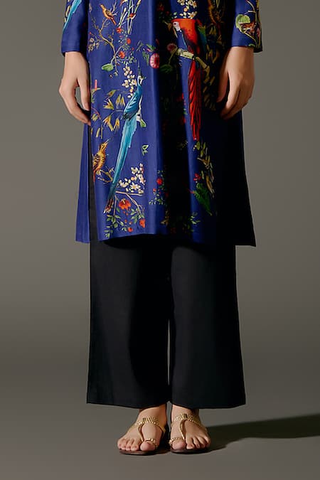 Balance By Rohit Bal Blue Silk, Parakeet Paradise Print Kurta With Palazzo Pant Online at Aza Fashions Balance By Rohit Bal_Blue Silk, Parakeet Paradise Print Kurta With Palazzo Pant _Online_at_Aza_Fashions