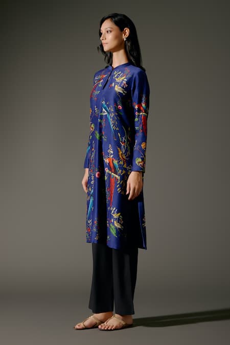 Shop Balance By Rohit Bal Blue Silk, Parakeet Paradise Print Kurta With Palazzo Pant Online at Aza Fashions Shop_Balance By Rohit Bal_Blue Silk, Parakeet Paradise Print Kurta With Palazzo Pant _Online_at_Aza_Fashions