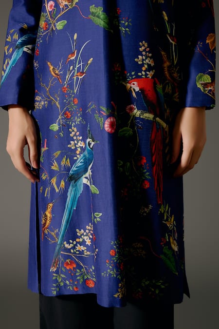 Balance By Rohit Bal Blue Silk, Parakeet Paradise Print Kurta With Palazzo Pant at Aza Fashions Balance By Rohit Bal_Blue Silk, Parakeet Paradise Print Kurta With Palazzo Pant _at_Aza_Fashions