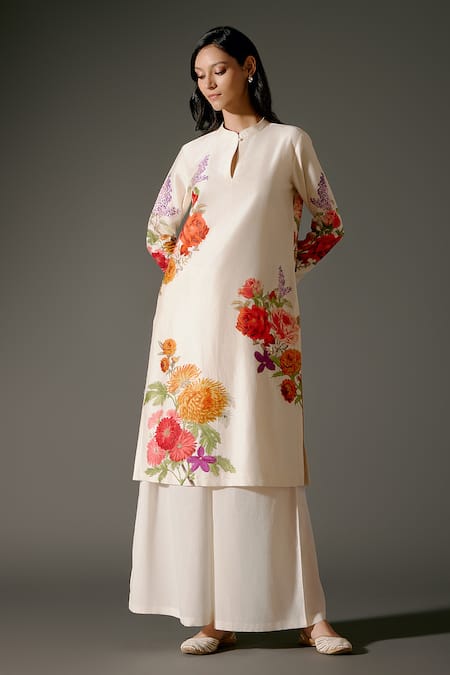 Balance By Rohit Bal Ivory Chanderi Silk Embroidery Mandarin Floral Print And Kurta With Palazzo Online at Aza Fashions Balance By Rohit Bal_Ivory Chanderi Silk Embroidery Mandarin Floral Print And Kurta With Palazzo _Online_at_Aza_Fashions