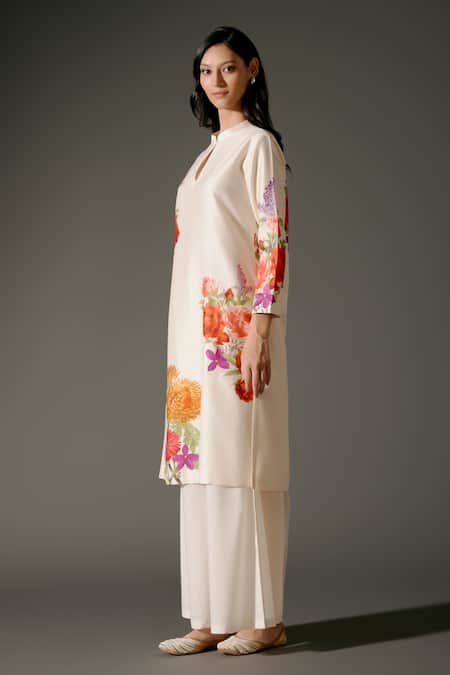 Shop Balance By Rohit Bal Ivory Chanderi Silk Embroidery Mandarin Floral Print And Kurta With Palazzo Online at Aza Fashions Shop_Balance By Rohit Bal_Ivory Chanderi Silk Embroidery Mandarin Floral Print And Kurta With Palazzo _Online_at_Aza_Fashions