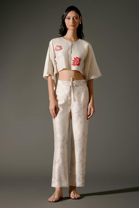 Balance By Rohit Bal Ivory Chanderi Silk Embroidery Round Neck Fiore Crop Top With Pant Online at Aza Fashions Balance By Rohit Bal_Ivory Chanderi Silk Embroidery Round Neck Fiore Crop Top With Pant _Online_at_Aza_Fashions