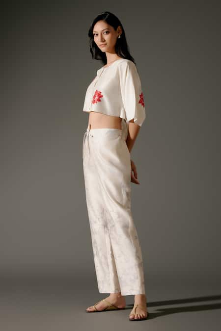 Shop Balance By Rohit Bal Ivory Chanderi Silk Embroidery Round Neck Fiore Crop Top With Pant Online at Aza Fashions Shop_Balance By Rohit Bal_Ivory Chanderi Silk Embroidery Round Neck Fiore Crop Top With Pant _Online_at_Aza_Fashions