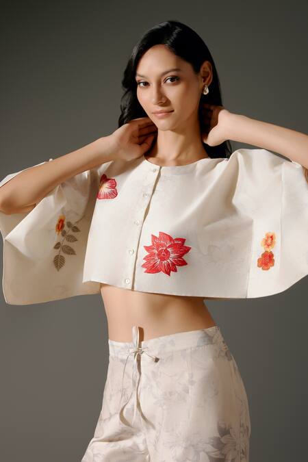 Balance By Rohit Bal Ivory Chanderi Silk Embroidery Round Neck Fiore Crop Top With Pant at Aza Fashions Balance By Rohit Bal_Ivory Chanderi Silk Embroidery Round Neck Fiore Crop Top With Pant _at_Aza_Fashions