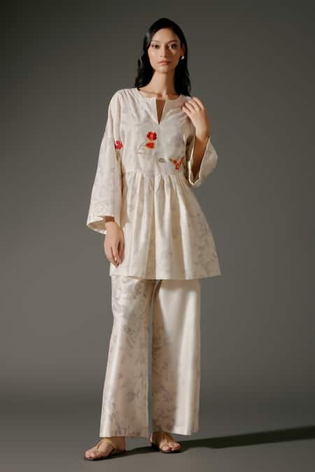 Buy Balance By Rohit Bal Ivory Chanderi Silk Embroidery Round Neck Bahar Print And Kurti With Palazzo Online at Aza Fashions Buy_Balance By Rohit Bal_Ivory Chanderi Silk Embroidery Round Neck Bahar Print And Kurti With Palazzo _Online_at_Aza_Fashions
