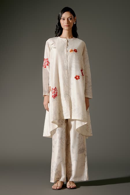 Balance By Rohit Bal_Ivory Chanderi Silk Embroidery Crew Gul Print And High Low Kurta With Palazzo _Online_at_Aza_Fashions